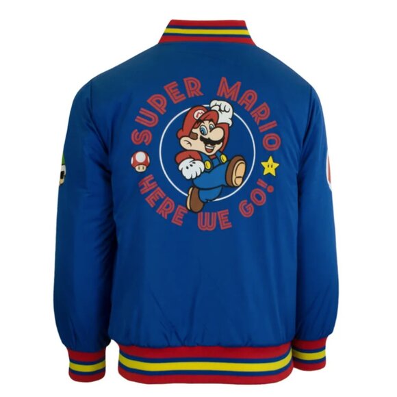 Nintendo Super Mario Varsity Bomber Jacket Little Boy, Mario & Yoshi Size 8 Blue - Picture 2 of 6